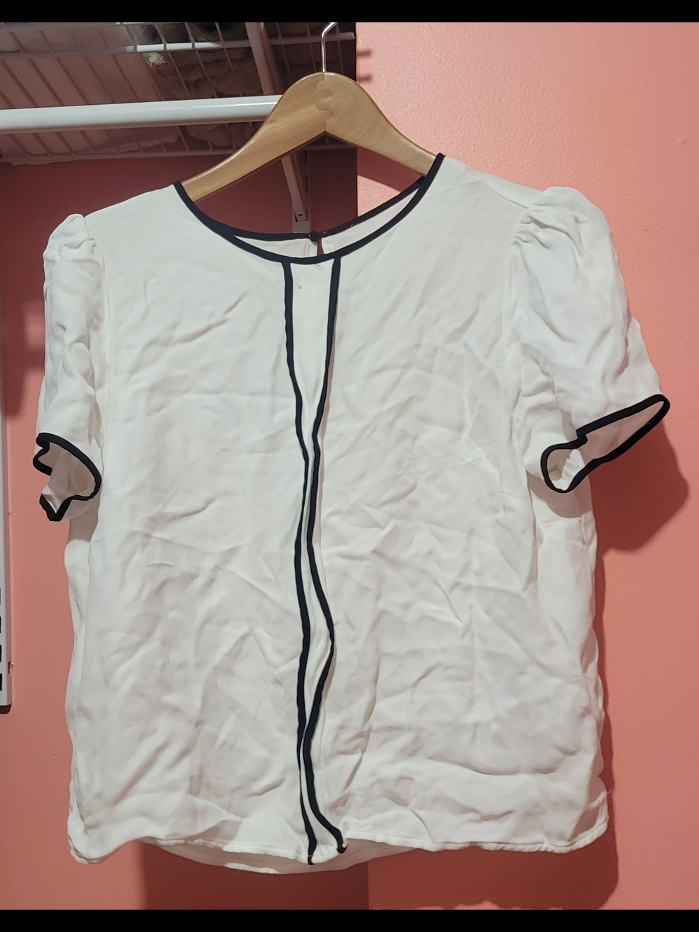 White Short-Sleeve Ruffle Trim Blouse - Black Contrast